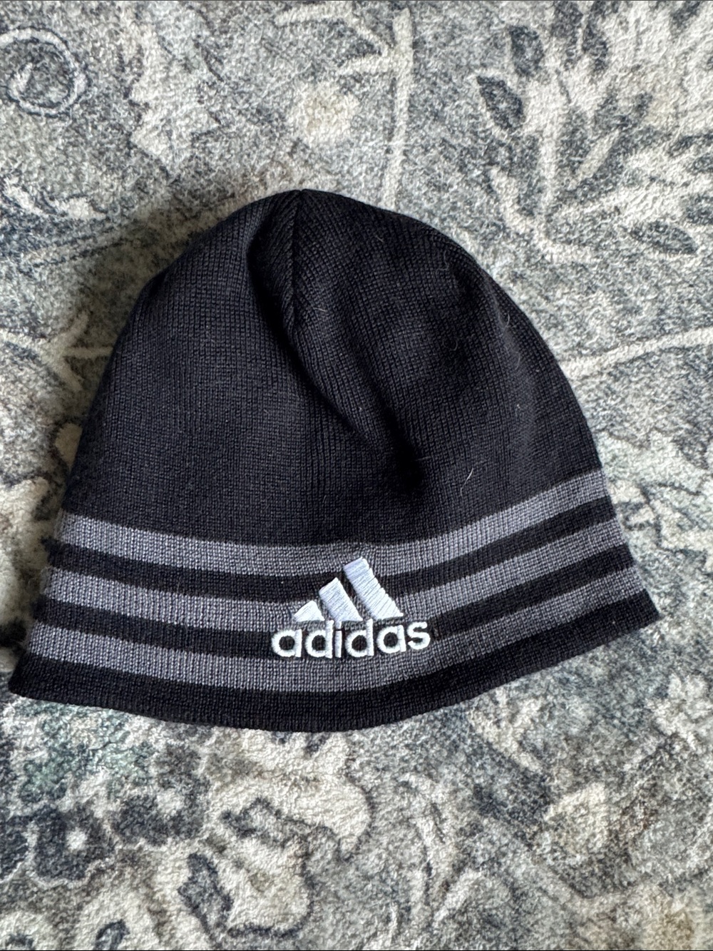 adidas Black Beanie with Gray Stripe Logo